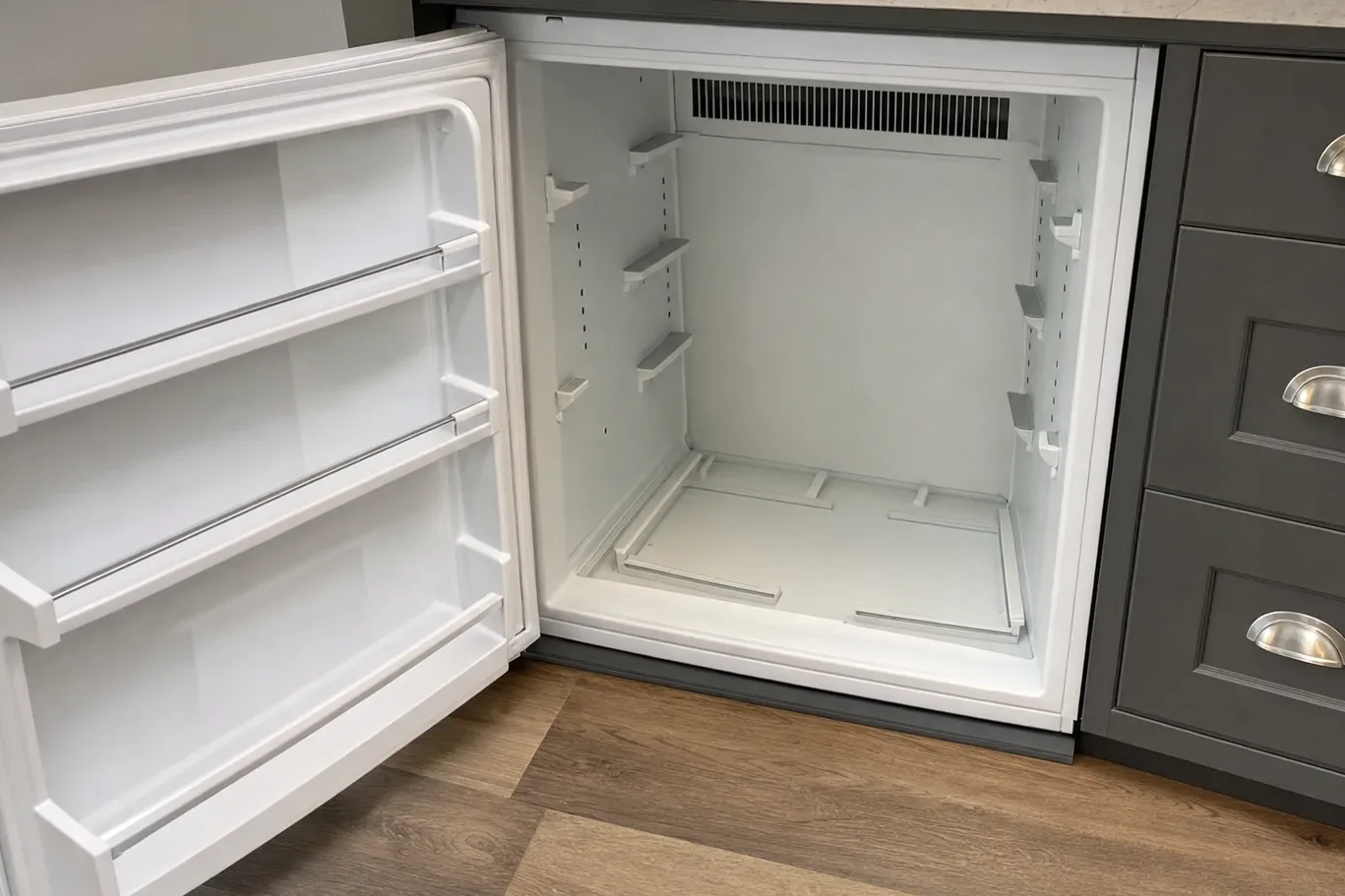 Undercounter refrigerator emptied for service, door open on bare shelf supports, door bins and a rear vent grille