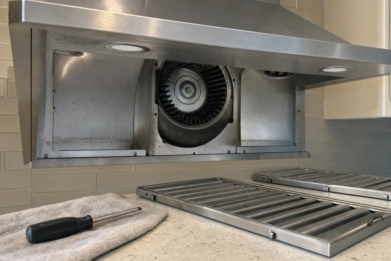 Range hood opened with the blower wheel exposed, both baffle filters lying on the counter beside a screwdriver