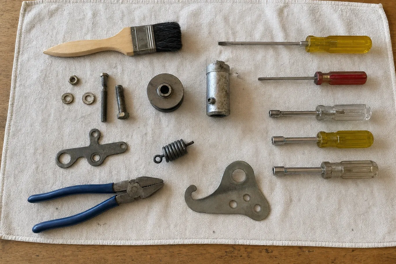 Appliance kit on a cloth: brush, five nut drivers, pliers, a pulley, a spring and hinge plates with bolts